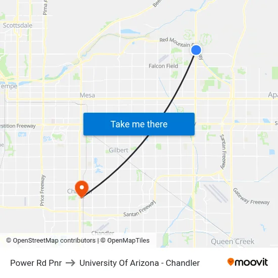 Power Rd Pnr to University Of Arizona - Chandler map