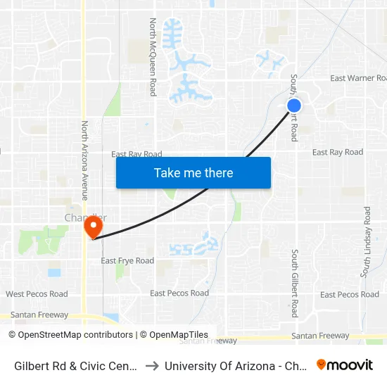 Gilbert Rd & Civic Center Dr to University Of Arizona - Chandler map