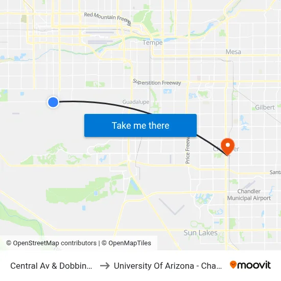 Central Av & Dobbins Rd to University Of Arizona - Chandler map