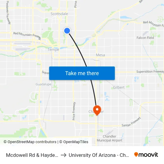 Mcdowell Rd & Hayden Rd to University Of Arizona - Chandler map