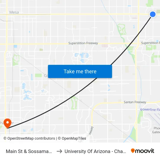 Main St & Sossaman Rd to University Of Arizona - Chandler map