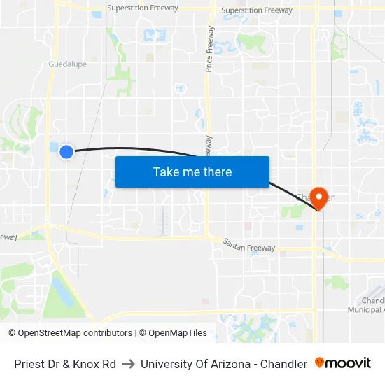 Priest Dr & Knox Rd to University Of Arizona - Chandler map