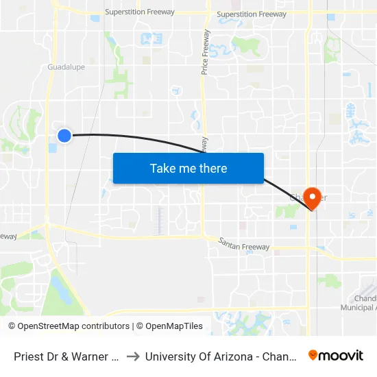 Priest Dr & Warner Rd to University Of Arizona - Chandler map