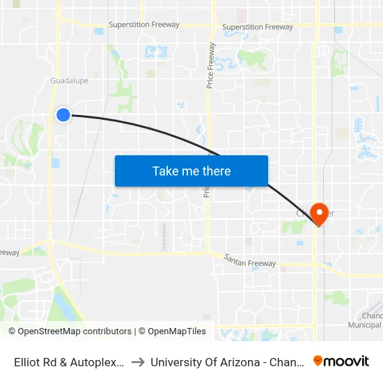 Elliot Rd & Autoplex Lp to University Of Arizona - Chandler map
