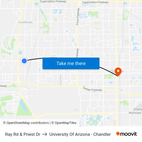 Ray Rd & Priest Dr to University Of Arizona - Chandler map
