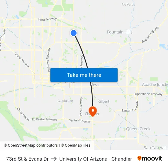 73rd St & Evans Dr to University Of Arizona - Chandler map