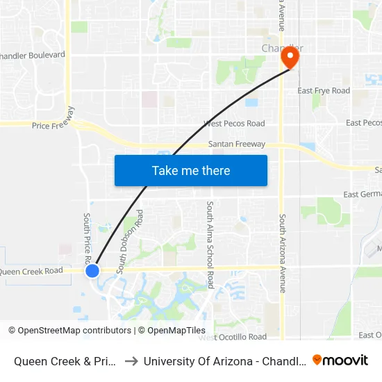 Queen Creek & Price to University Of Arizona - Chandler map