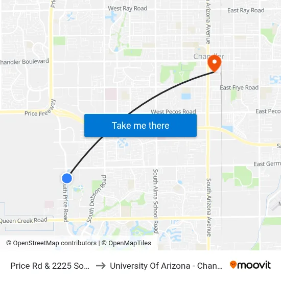 Price Rd & 2225 South to University Of Arizona - Chandler map