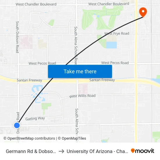 Germann Rd & Dobson Rd to University Of Arizona - Chandler map