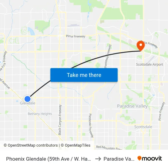 Phoenix Glendale (59th Ave / W. Hayward) to Paradise Valley map