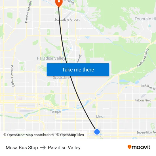 Mesa Bus Stop to Paradise Valley map