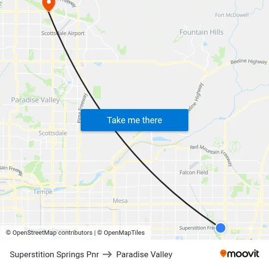 Superstition Springs Pnr to Paradise Valley map