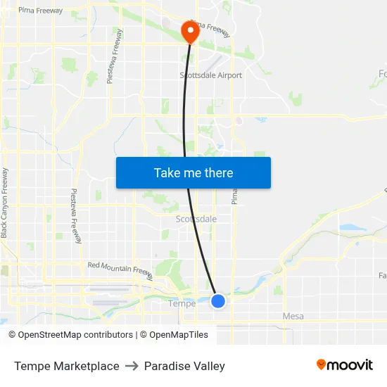 Tempe Marketplace to Paradise Valley map