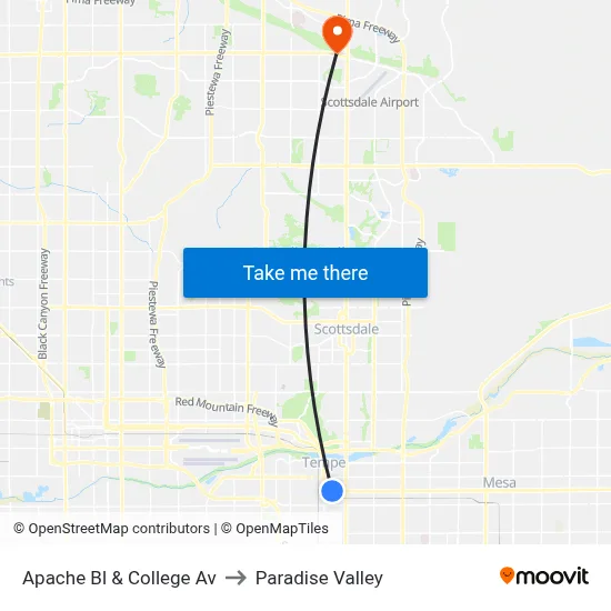 Apache Bl & College Av to Paradise Valley map