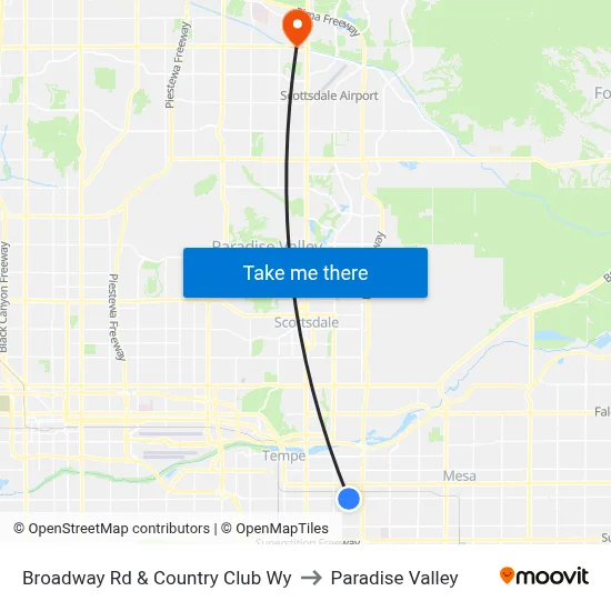 Broadway Rd & Country Club Wy to Paradise Valley map