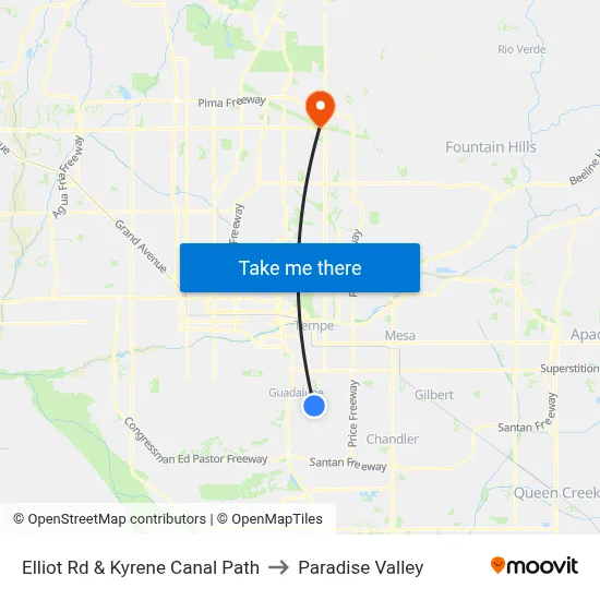 Elliot Rd & Kyrene Canal Path to Paradise Valley map