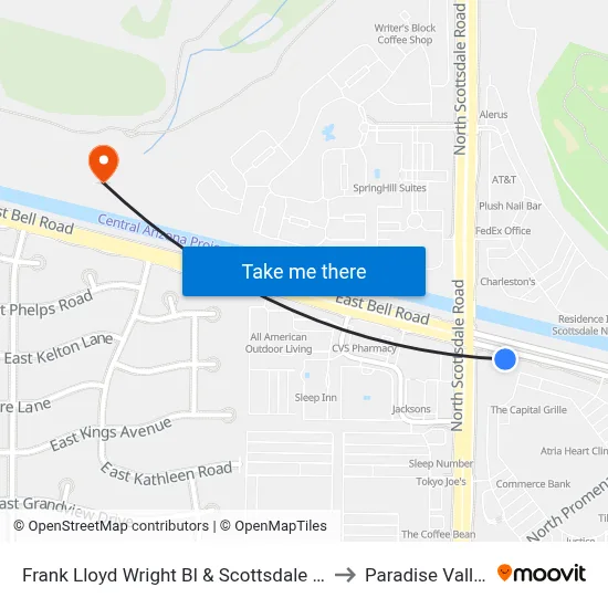 Frank Lloyd Wright Bl & Scottsdale Rd to Paradise Valley map