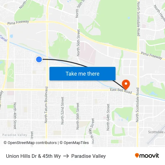 Union Hills Dr & 45th Wy to Paradise Valley map