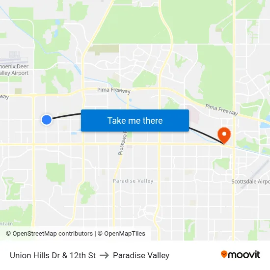Union Hills Dr & 12th St to Paradise Valley map