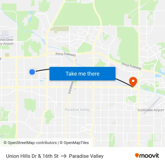 Union Hills Dr & 16th St to Paradise Valley map
