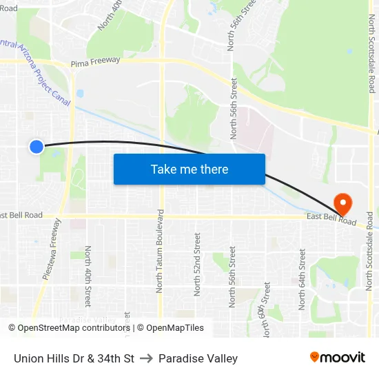 Union Hills Dr & 34th St to Paradise Valley map