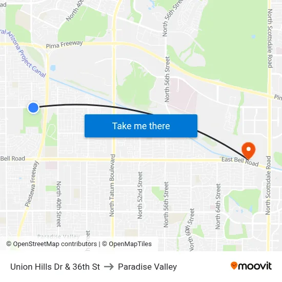 Union Hills Dr & 36th St to Paradise Valley map