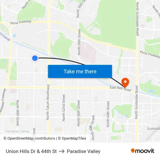 Union Hills Dr & 44th St to Paradise Valley map