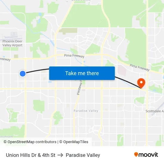 Union Hills Dr & 4th St to Paradise Valley map