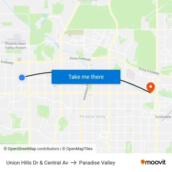 Union Hills Dr & Central Av to Paradise Valley map