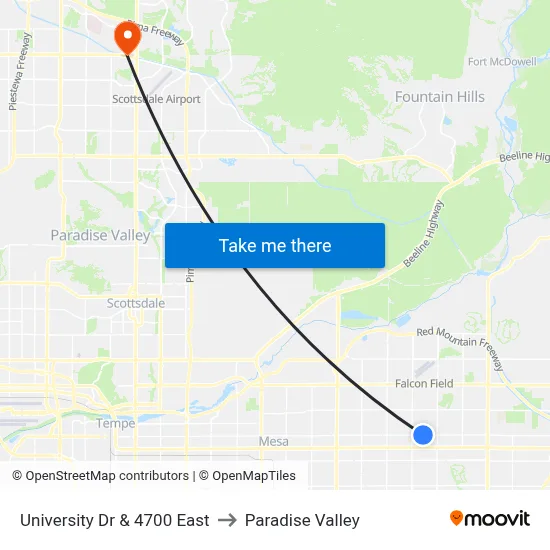 University Dr & 4700 East to Paradise Valley map