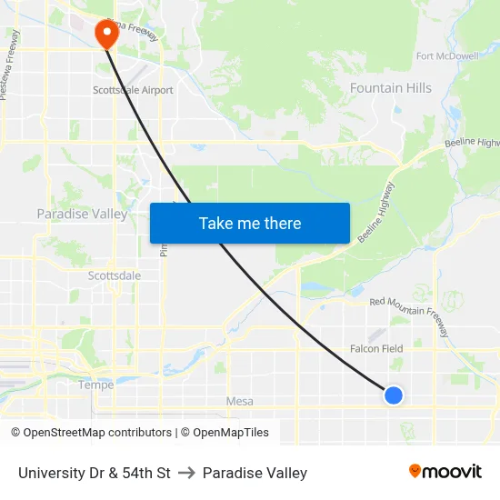 University Dr & 54th St to Paradise Valley map