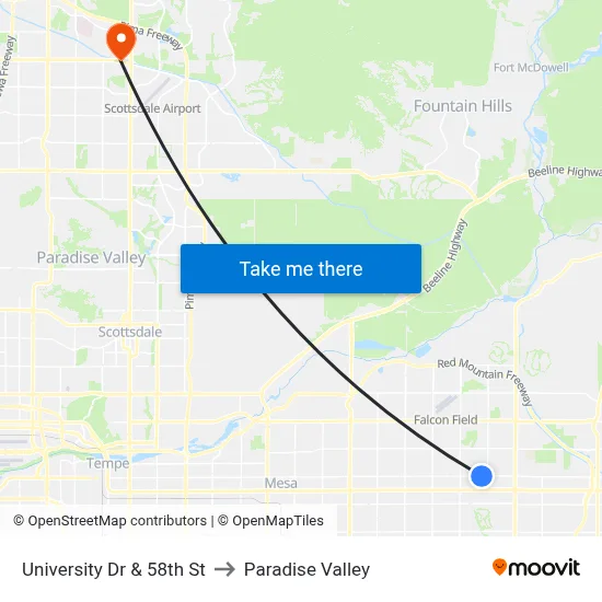 University Dr & 58th St to Paradise Valley map