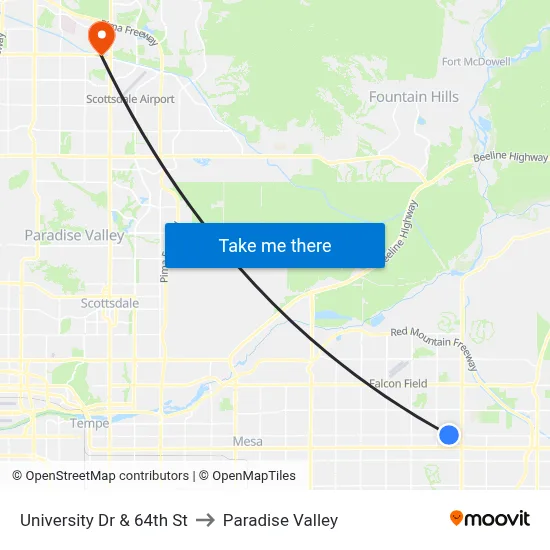 University Dr & 64th St to Paradise Valley map