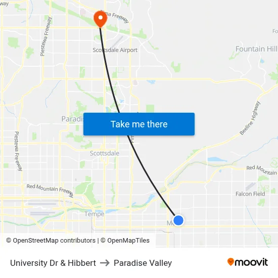 University Dr & Hibbert to Paradise Valley map