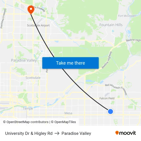 University Dr & Higley Rd to Paradise Valley map