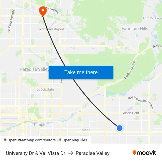 University Dr & Val Vista Dr to Paradise Valley map
