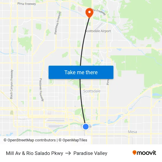 Mill Av & Rio Salado Pkwy to Paradise Valley map