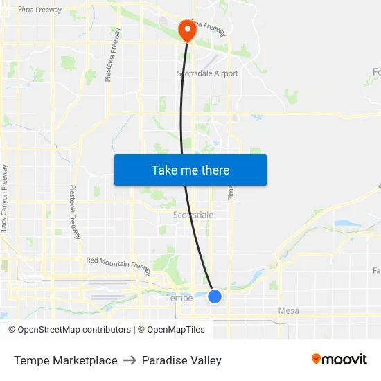 Tempe Marketplace to Paradise Valley map