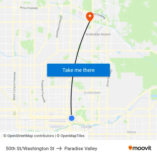 50th St/Washington St to Paradise Valley map