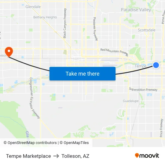 Tempe Marketplace to Tolleson, AZ map