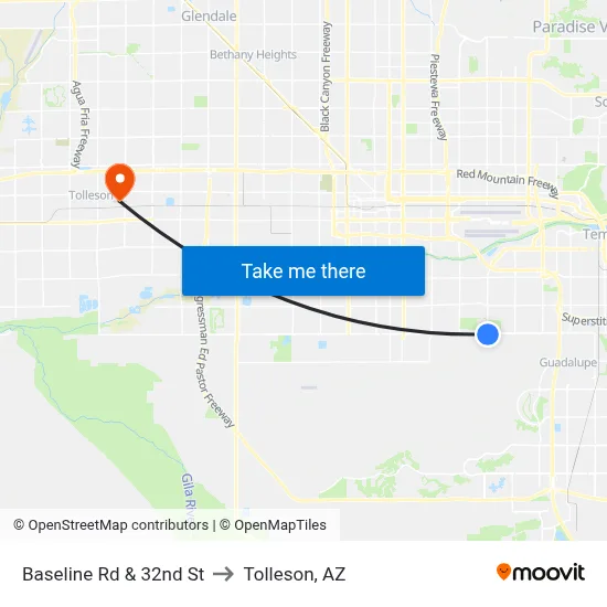 Baseline Rd & 32nd St to Tolleson, AZ map