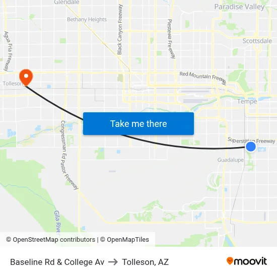Baseline Rd & College Av to Tolleson, AZ map