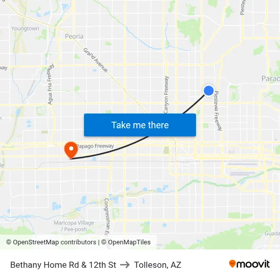 Bethany Home Rd & 12th St to Tolleson, AZ map