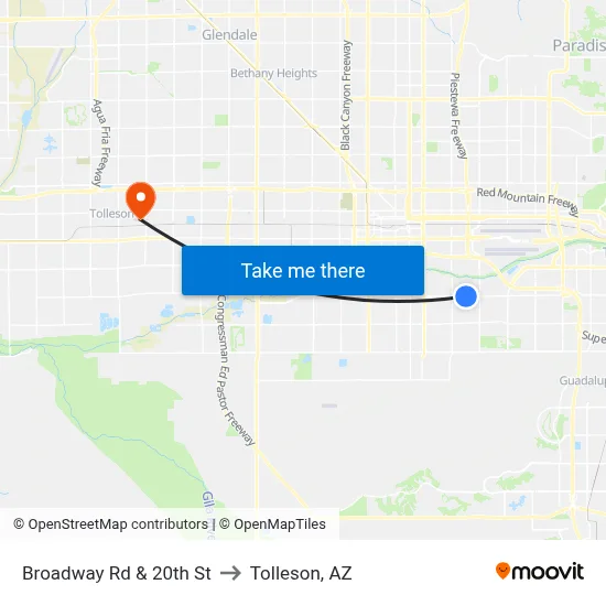 Broadway Rd & 20th St to Tolleson, AZ map
