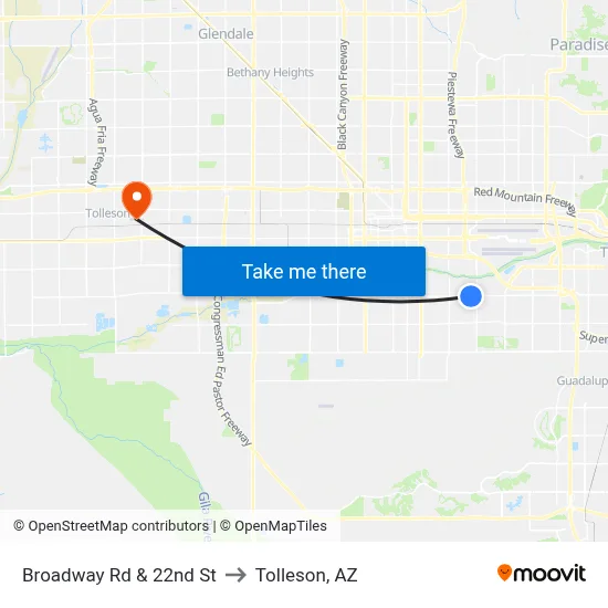 Broadway Rd & 22nd St to Tolleson, AZ map