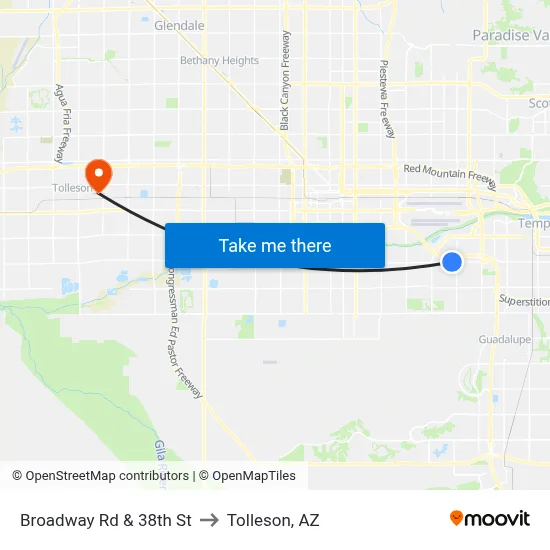 Broadway Rd & 38th St to Tolleson, AZ map