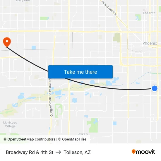 Broadway Rd & 4th St to Tolleson, AZ map
