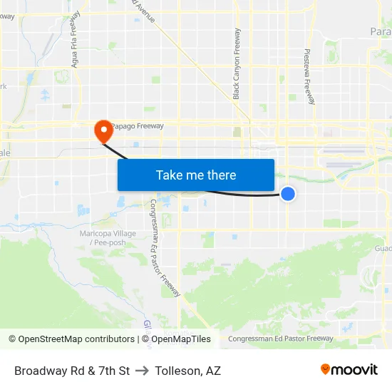 Broadway Rd & 7th St to Tolleson, AZ map