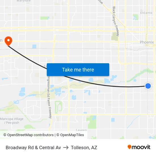 Broadway Rd & Central Av to Tolleson, AZ map