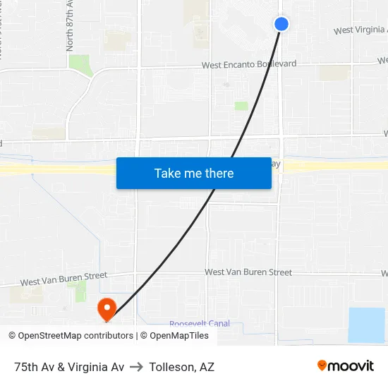 75th Av & Virginia Av to Tolleson, AZ map